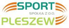 Logotyp spółki Sport przedstawiający napis Sport Pleszew Sp. Z o.o. i lementami grafuicznymi stylizowanymi na bieżnię do lekkiej atletyki