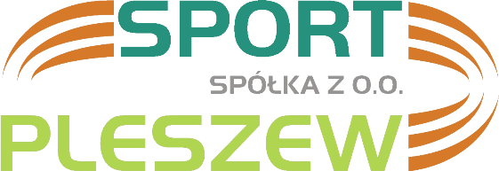 Logotyp spółki Sport przedstawiający napis Sport Pleszew Sp. Z o.o. z elementami graficznymi stylizowanymi na bieżnię do lekkiej atletyki